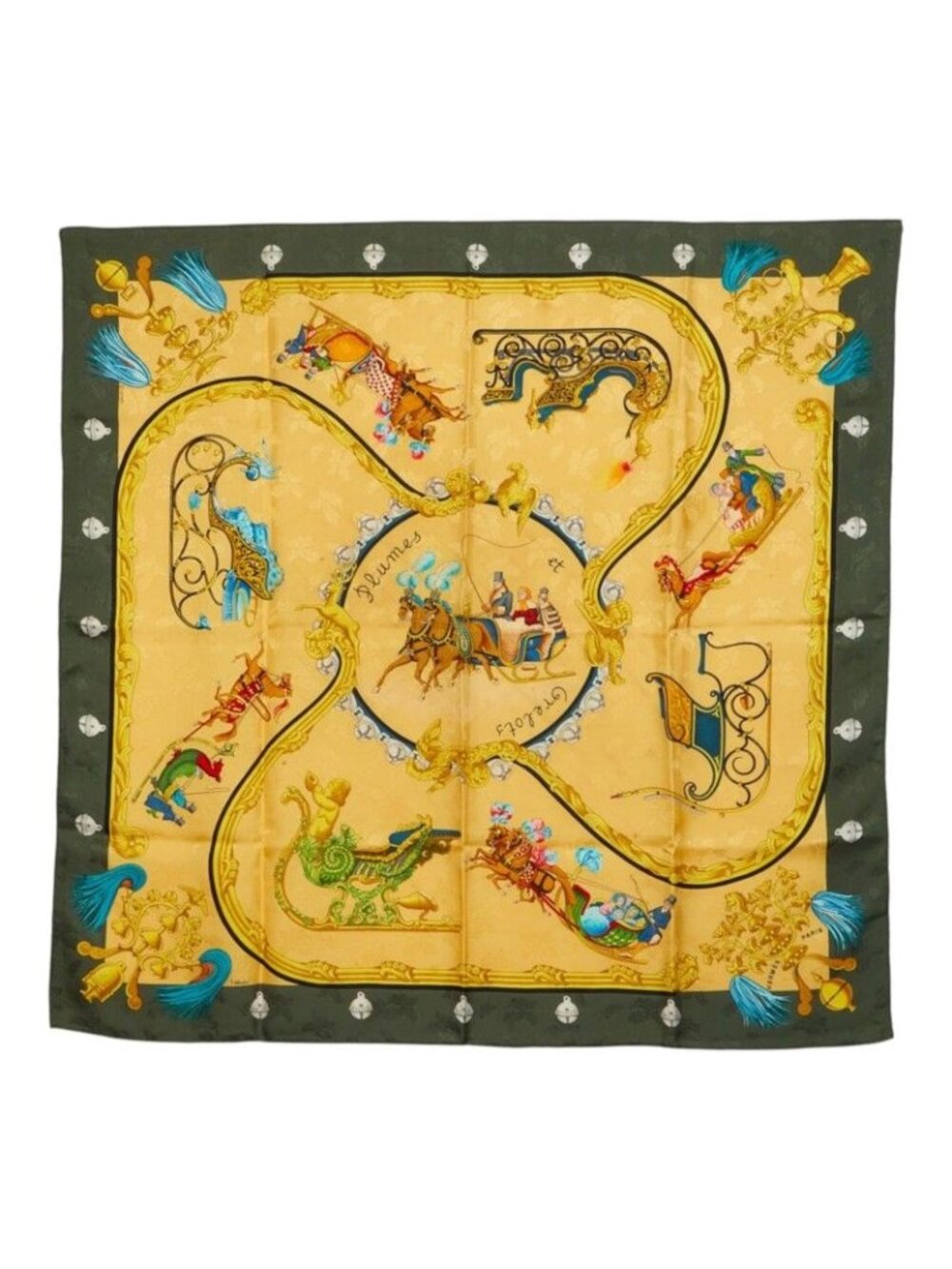 Hermes Carre 90 Plumes Et Grelots Feathers and Bells Scarf Large Yellow Green